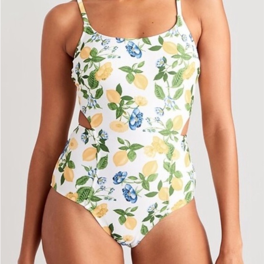 Old Navy White One-Piece Swimsuit with Yellow Lemon & Blue Floral Print